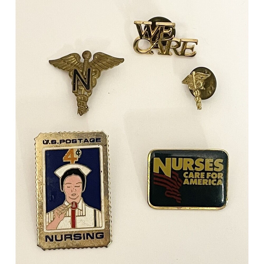 (5) Lot Vintage Nurse Pin Pins Nurses Care for America US Stamp We Care More